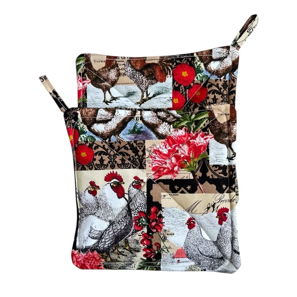 Hand Crafted Farmhouse Red Roosters Potholders Set Fabric Hot Mats Trivet